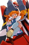  eva_02 from_above hanging highres katochin_(pixiv) kneehighs loafers long_hair mecha neon_genesis_evangelion orange_hair rebuild_of_evangelion ribbon school_uniform shikinami_asuka_langley shoes smile socks souryuu_asuka_langley white_legwear white_socks 