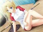  asamiya_kyou blonde_hair blue_eyes buruma dutch_angle game_cg gym_uniform long_hair matra_milan ponytail sitting 