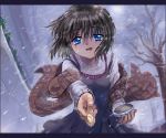  blanket bowl brown_hair dress hands kanon misaka_shiori oekaki outstretched_arm outstretched_hand pixel_art plaid reach reaching shawl short_hair smile snow spoon sweater tartan tree wind 