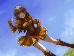  brown_eyes brown_hair clenched_hand dress dutch_angle fist kara_(color) knee_boots long_hair re_mii zoids zoids_genesis 