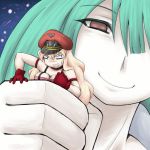  angry breasts cleavage clenched_hand clenched_teeth dutch_angle evil_smile giantess gloves green_hair hat holding long_hair macross macross_frontier meltrandi peaked_cap pink_hair ranka_lee red_eyes sheryl_nome smile sweatdrop terumin_(yuganda_sebone) zentradi 