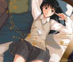  1girl amagami arms_up ayatsuji_tsukasa bed black_eyes black_hair digital_media_player earbuds earphones long_hair lying mp3_player pillow skirt snowflakes solo sweater_vest takayama_kisai 