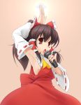  armpits breasts brown_hair detached_sleeves hair_ribbon hakurei_reimu microphone red_eyes ribbon sideboob touhou ufo wapokichi 