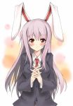  blazer blush bunny_ears buttons hands_clasped lavender_hair long_hair looking_at_viewer necktie piro_sui piromizu purple_hair rabbit_ears red_eyes reisen_udongein_inaba smile touhou 