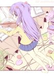  1girl barefoot caidychen clannad dango_daikazoku hair_bobbles hair_ornament ichinose_kotomi instrument long_hair looking_back music_stand purple_eyes purple_hair school_uniform sheet_music soles twintails two_side_up violet_eyes violin 