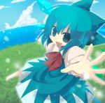  blue_eyes blue_hair bow cirno cloud clouds dress fairy flying foreshortening forest hands horizon nature ocean open_mouth outstretched_arms ribbon river sky smile spread_arms touhou yuzuki_gao 