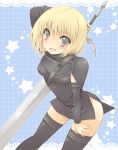  blonde_hair blush clare clare_(claymore) claymore claymore_(sword) grey_eyes huge_sword huge_weapon pocopoco short_hair silver_eyes sword thigh-highs thighhighs weapon 