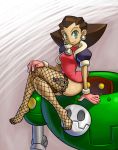  1girl brown_hair cropped_jacket crossed_legs dress earrings fishnet_legwear fishnets gloves green_eyes highres jewelry mario_grant mecha no_shoes rockman rockman_dash short_hair sitting skull smile solo thighhighs tron_bonne 