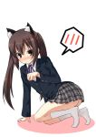  blush cat_ears cat_pose k-on! kouji_(campus_life) nakano_azusa paw_pose plaid plaid_skirt school_uniform skirt socks solo spoken_blush tartan twintails 