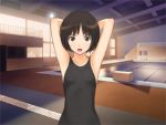  amagami armpits arms_behind_head arms_up bob_cut brown_eyes brown_hair game_cg lowres messy_hair nanasaki_ai one-piece one-piece_swimsuit pool short_hair starting_block swimsuit 