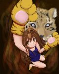  brown_eyes brown_hair gyo_(independant) leopard long_hair one-piece one-piece_swimsuit paws slippers swimsuit tiger_paws toradora! 