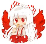  bow chibi eating fujiwara_no_mokou hair_bow hair_ribbon long_hair murasakiimo red_eyes ribbon touhou white_hair wings 