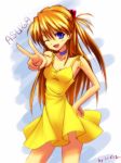  blue_eyes character_name choker dress koizumi_ai long_hair neon_genesis_evangelion nou_ai orange_hair souryuu_asuka_langley v wink yellow_dress 