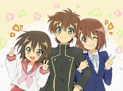  1boy 2girls brown_hair code_geass crossover fang hair_ornament hairclip hirasawa_yui k-on! kururugi_suzaku kusakabe_misao lucky_star maruki_(punchiki) multiple_girls school_uniform serafuku short_hair v wink 