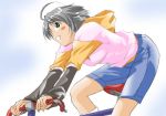  akaho_sakura bicycle black_hair blush_stickers green_eyes hoodie lowres short_hair 