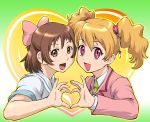  blonde_hair brown_eyes brown_hair crossover fresh_precure! fresh_pretty_cure! futari_wa_pretty_cure heart heart_hands heart_hands_duo momozono_love oki_kanae pink_eyes precure real_drive seiyuu_connection seiyuu_joke ueyama_michirou 