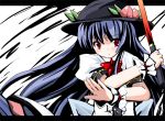  bad_id blue_hair favfavver2 food fruit hat hinanawi_tenshi leaf peach red_eyes solo sword sword_of_hisou touhou weapon 