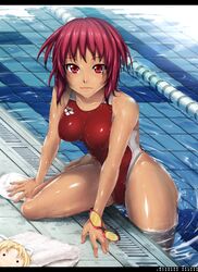  doll goggles highres inoue_makito lane_line letterboxed one-piece_swimsuit original pool poolside red_eyes red_hair redhead shiny shiny_skin short_hair solo swim_cap swimcap swimsuit tan water wet 