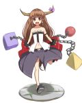  1girl :d alternate_costume bare_legs bare_shoulders blush brown_eyes brown_hair chain horn_bow horns ibuki_suika long_hair looking_at_viewer navel open_mouth shackle simple_background smile solo totosu touhou white_background 