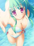  bikini breasts cleavage foreshortening green_hair hands long_hair midriff navel original outstretched_arm outstretched_hand pink_eyes reach reaching red_eyes side-tie_bikini smile solo source_request swimsuit wading water wet 