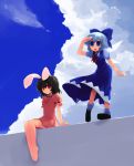  2girls animal_ears barefoot blue_eyes bunny_ears cirno inaba_tewi multiple_girls rabbit_ears red_eyes ribbon shin_(new) short_hair sky touhou wings 