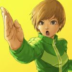  brown_hair fighting_stance jacket open_mouth persona persona_4 satonaka_chie senri short_hair simple_background solo 