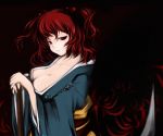  bad_id breasts cleavage flower hair_bobbles hair_ornament higanbana japanese_clothes onozuka_komachi red_eyes red_hair redhead scythe short_hair spider_lily touhou twintails 