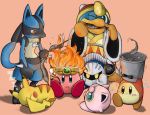  crossover fire fire_hair fish gloves green_eyes hat jigglypuff king_dedede kirby kirby_(series) lucario mask meta_knight nike_(smaaaash) nintendo no_humans pikachu pokemon red_eyes sleeping super_smash_bros. waddle_dee wink yellow_eyes 