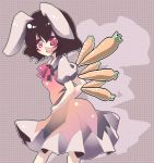  aimai_(artist) animal_ears bad_id bowtie brown_hair bunny_ears carrot cirno cirno_(cosplay) cosplay dress inaba_tewi rabbit_ears red_eyes solo touhou wings 