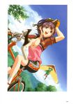  artbook bicycle bike_shorts breasts frog_costume gloves happoubi_jin helmet highres ishibashi_tsubame open_clothes open_jacket purple_hair red_eyes scan separate_blue sky sweet_body 