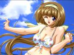  bikini blue_eyes brown_hair fight!_makoto game_cg hairband long_hair sakai_makoto swimsuit wink 