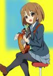  brown_hair gray_pantyhose guitar hirasawa_yui instrument k-on! kawasaki_kazuhiko les_paul pantyhose school_uniform short_hair skirt solo 
