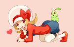  1girl :d all_fours cabbie_hat chikorita finger_to_mouth hat hat_ribbon heart holding holding_poke_ball kotone_(pokemon) open_mouth overalls poke_ball pokemon pokemon_(creature) pokemon_(game) pokemon_gsc pokemon_heartgold_and_soulsilver pokemon_hgss red_eyes red_ribbon ribbon saburou_03 smile solo twintails 