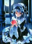  apple blue_hair dress food frills fruit gothic_lolita hat highres holding holding_fruit kousaki_rui lolita_fashion long_hair moon orange_eyes ribbon 