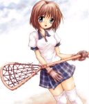  gloves head_tilt jpeg_artifacts kanon lacrosse misaka_shiori plaid plaid_skirt skirt smile tartan thigh-highs thighhighs white_legwear white_thighhighs zettai_ryouiki 