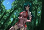  breasts dress dutch_angle earrings elbow_gloves forest gloves green_hair jewelry kara_(color) kotona_elegance long_hair nature shade solo thighhighs tree_shade zoids zoids_genesis 