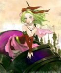  bare_shoulders blush breasts cape cleavage collarbone collarbones elbow_gloves final_fantasy final_fantasy_vi gloves green_eyes green_hair hair_ribbon long_hair pantyhose pointy_ears ri-ko ribbon solo tina_branford 