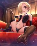  1girl bare_shoulders black_gloves blonde_hair blush brown_eyes buckle collar corset couch ear_piercing earrings elbow_gloves feet fishnet_legwear fishnets from_below garter_straps gloves hair_over_one_eye hand_on_own_leg high_heels highres idolmaster idolmaster_cinderella_girls ishihara_(kuniyoshi) jewelry looking_at_viewer midriff nail_polish navel open_mouth piercing shirasaka_koume shoes short_hair short_shorts shorts single_shoe sitting smile solo zipper 