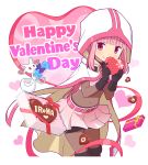  1girl :3 bag bangs belt belt_buckle black_footwear black_gloves black_shorts blunt_bangs bodystocking boots bow box buckle cape character_name chocolate_hair closed_mouth covered_navel cowboy_shot creature eyebrows_visible_through_hair floating gecchu gem gloves happy_valentine heart heart_background heart_print highres holding holding_box hood hood_up kyubey leaning_forward looking_at_viewer magia_record:_mahou_shoujo_madoka_magica_gaiden mahou_shoujo_madoka_magica pink_eyes pink_hair pink_skirt polka_dot red_bow red_eyes shorts shorts_under_skirt skin_tight skirt smile solo standing tamaki_iroha tareme thigh-highs thigh_boots transparent two-handed valentine white_cape 