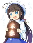  1girl :d ahoge arimoto bangs beret blue_dress blue_eyes blunt_bangs blush board_game brown_hair chocolate commentary_request dress eyebrows_visible_through_hair hat hinatsuru_ai holding long_hair long_sleeves looking_at_viewer low_twintails open_mouth puffy_short_sleeves puffy_sleeves ryuuou_no_oshigoto! school_uniform short_over_long_sleeves short_sleeves shougi smile solo star translation_request twintails upper_teeth valentine very_long_hair white_background white_hat 