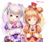  2girls :d brown_eyes brown_hair candy_hair_ornament chocolate closed_mouth double_bun doughnut eyebrows_visible_through_hair flower_knight_girl food food_themed_hair_ornament frills hair_intakes hair_ornament hat heart-shaped_box heart_hair_ornament holding holding_food iberis_(flower_knight_girl) looking_at_viewer multiple_girls one_eye_closed open_mouth polka_dot portulaca_(flower_knight_girl) puffy_sleeves red_hat short_hair silver_hair simple_background skirt smile sorimura_youji striped top_hat twintails twitter_username upper_body valentine violet_eyes white_background wrist_cuffs 