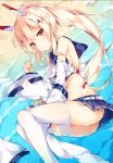  1girl ass ayanami_(azur_lane) azur_lane bandaid_on_arm bangs bare_shoulders beach blonde_hair blue_choker blue_sailor_collar blue_skirt blush breasts choker closed_mouth commentary_request eyebrows_visible_through_hair floating_hair groin head_tilt headgear high_ponytail highres legs_together long_hair long_sleeves looking_at_viewer lying midriff miniskirt navel on_side orange_eyes outstretched_arm panties pantyshot pleated_skirt ponytail remodel_(azur_lane) ribbon-trimmed_sleeves ribbon_trim sailor_collar school_uniform serafuku shade shiny shiny_skin shirt sidelocks skirt sleeveless sleeveless_shirt small_breasts solo standing thigh-highs thighs unacchi_(nyusankin) underwear wet wet_clothes white_belt white_legwear white_shirt wide_sleeves yellow_neckwear 