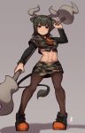  1girl abs animal_ears arched_back aurochs_(kemono_friends) bangs black_footwear black_legwear black_ribbon blush breasts camouflage closed_mouth cow_ears cow_horns cow_tail crop_top empty_eyes eyebrows eyebrows_visible_through_hair eyelashes full_body green_hair grey_background hatagaya holding holding_weapon horn_lance horns kemono_friends legs_apart light_smile long_sleeves medium_breasts miniskirt navel necktie orange_neckwear palms pantyhose pigeon-toed red_eyes ribbon shadow shirt shoelaces shoes short_hair short_sleeves side_slit signature simple_background skirt sneakers solo standing stomach tail taut_clothes taut_shirt toned tsurime v-shaped_eyebrows weapon 