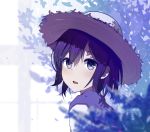  1girl :o bangs blurry blurry_foreground blush brown_hat bush capelet depth_of_field eyebrows_visible_through_hair from_side grey_eyes hat highres looking_at_viewer looking_to_the_side nagisa_(cxcx5235) open_mouth original purple_hair short_hair solo straw_hat tareme two-tone_background upper_body 