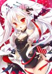  1girl :o artist_name azur_lane bangs bare_shoulders black_bow black_dress blush bow breasts chains china_dress chinese_clothes cleavage commentary_request dated diagonal_stripes dress eyebrows_visible_through_hair fang hair_between_eyes hair_bow hair_ornament heart-shaped_box heart_hair_ornament heart_in_eye koyama_sao long_hair looking_at_viewer medium_breasts parted_lips polka_dot red_eyes short_dress side_slit sidelocks silver_hair sleeveless sleeveless_dress solo sparkle twintails vampire_(azur_lane) very_long_hair white_background 