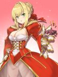  1girl blonde_hair box braid breasts cleavage commentary_request dress epaulettes fate/extra fate_(series) gift gift_box gradient gradient_background green_eyes hair_bun hand_on_hip highres holding holding_gift jacket juliet_sleeves large_breasts long_sleeves nero_claudius_(fate) nero_claudius_(fate)_(all) pink_background puffy_sleeves red_dress red_jacket sidelocks solo sparkle white_background wide_sleeves yyo 