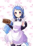  1girl absurdres alternate_costume alternate_eye_color apron black_gloves black_legwear black_sailor_collar blue_hair blush cake chocolate_cake cowboy_shot dated elbow_gloves enmaided eyebrows_visible_through_hair food frilled_apron frills gloves heart heart_background highres holding holding_plate kantai_collection long_hair looking_at_viewer maid maid_headdress minidraco plate sailor_collar samidare_(kantai_collection) signature solo standing straight_hair tareme thigh-highs very_long_hair white_apron 
