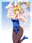  1girl alice_margatroid alternate_costume animal_ears arm_up armpits bangs bare_arms bare_shoulders between_breasts black_legwear blonde_hair blue_background blue_eyes blue_footwear blue_leotard breasts bunny_tail bunnysuit cleavage closed_mouth collarbone covered_navel detached_collar eyebrows_visible_through_hair fake_animal_ears frown gradient gradient_background hand_on_hip high_heels highres large_breasts leg_up leotard looking_at_viewer looking_away looking_up necktie necktie_between_breasts ootsuki_wataru outline pantyhose rabbit_ears red_neckwear shiny shiny_skin short_hair solo standing standing_on_one_leg strapless strapless_leotard tail touhou wrist_cuffs zoom_layer 