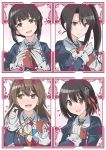  4girls :d ashigara_(kantai_collection) asymmetrical_bangs badge bangs black_hair blunt_bangs blush bolo_tie box brown_hair embarrassed eyebrows_visible_through_hair flying_sweatdrops full-face_blush gift gift_box gloves haguro_(kantai_collection) hair_ornament hair_ribbon hairclip halftone halftone_background hand_up head_tilt highlights highres holding holding_box juliet_sleeves kantai_collection long_hair long_sleeves looking_at_viewer looking_away looking_to_the_side marimo_kei multicolored_hair multicolored_neckwear multiple_girls myoukou_(kantai_collection) nachi_(kantai_collection) open_mouth puffy_sleeves raised_eyebrows red_ribbon ribbon round_teeth short_hair side_ponytail sleeve_cuffs smile tareme teeth tsurime two-handed upper_body valentine very_long_hair white_gloves 