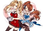  218 2girls ;p apron bangs beatrix_(granblue_fantasy) black_legwear black_skirt blonde_hair blue_apron blue_eyes blush bowl brown_hair chocolate chocolate_on_face closed_mouth collared_shirt commentary_request cream cream_on_face eyebrows_visible_through_hair food food_on_face granblue_fantasy green_eyes heart holding holding_bowl long_hair mixing_bowl multiple_girls nose_blush one_eye_closed plaid plaid_apron red_apron shirt side_ponytail skirt sleeves_rolled_up smile thigh-highs tongue tongue_out twintails very_long_hair white_background white_shirt zeta_(granblue_fantasy) 